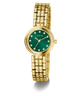 GUESS Ladies Gold Tone Analog Watch with a green face on a white background