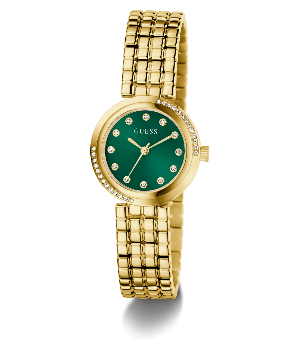GUESS Ladies Gold Tone Analog Watch with a green face on a white background