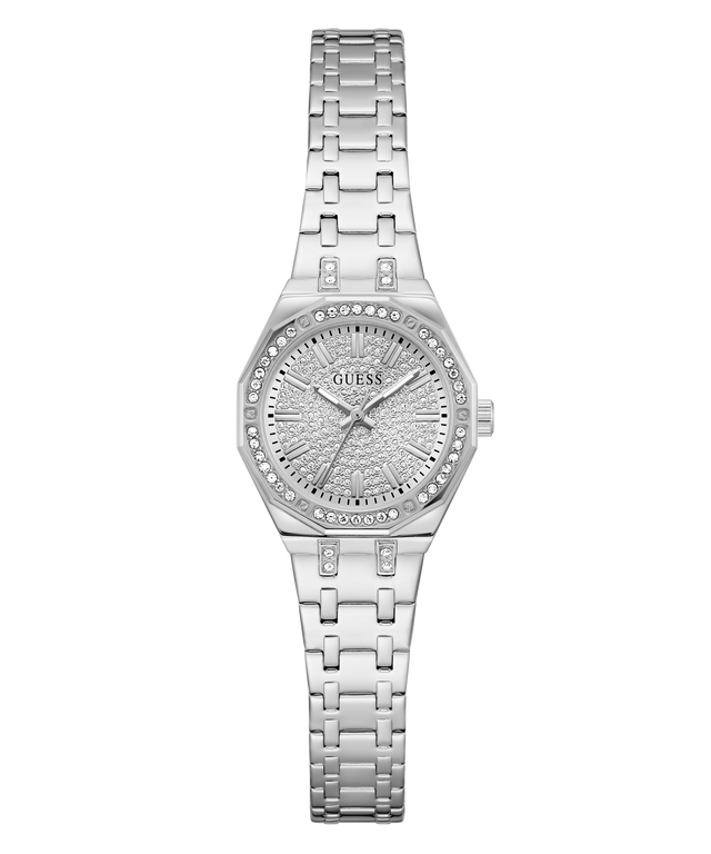 Silver GUESS Ladies Silver Tone Analog Watch with gemstone accents on a white background