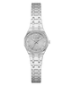 Silver GUESS Ladies Silver Tone Analog Watch with gemstone accents on a white background