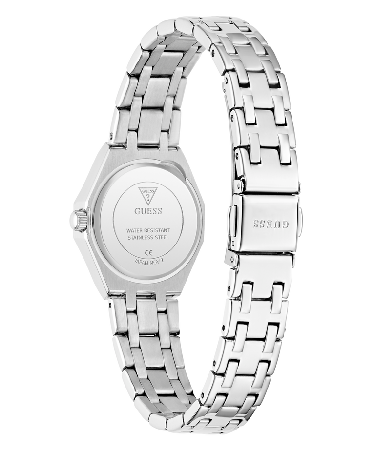 Silver GUESS Ladies Silver Tone Analog Watch watch with metal bracelet on a white background