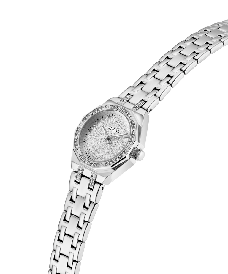 Silver GUESS Ladies Silver Tone Analog Watch with a detailed face on a white background lifestyle