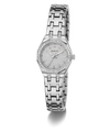 Silver GUESS Ladies Silver Tone Analog Watch with a detailed face on a white background