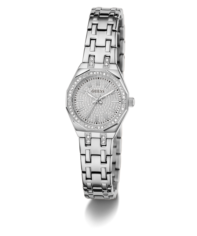 Silver GUESS Ladies Silver Tone Analog Watch with a detailed face on a white background