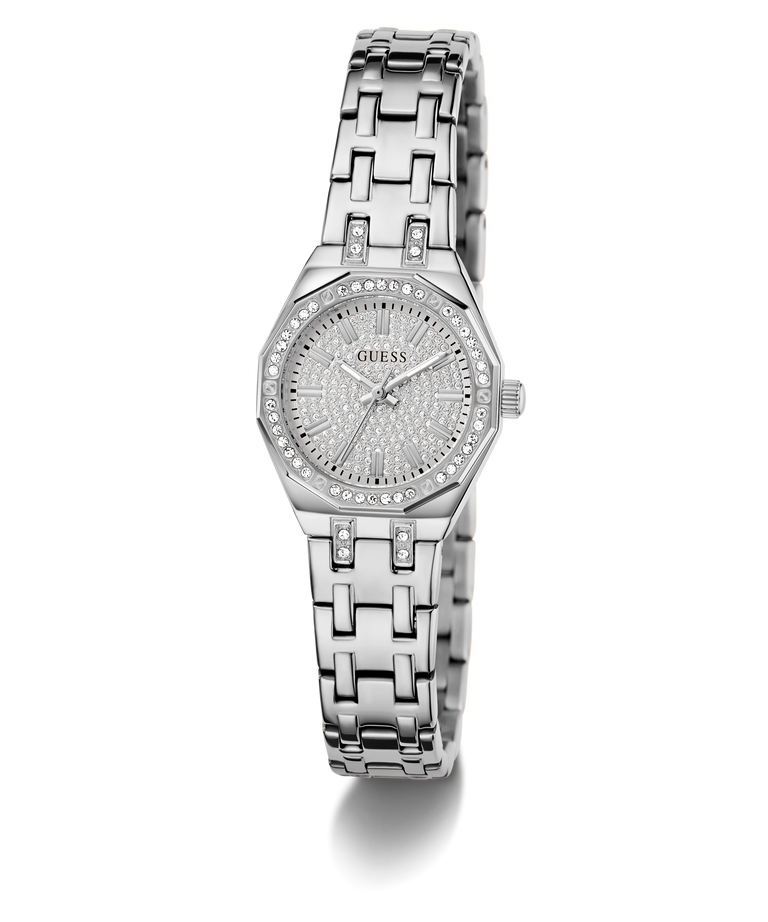Silver GUESS Ladies Silver Tone Analog Watch with a detailed face on a white background