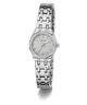 Silver GUESS Ladies Silver Tone Analog Watch with a detailed face on a white background