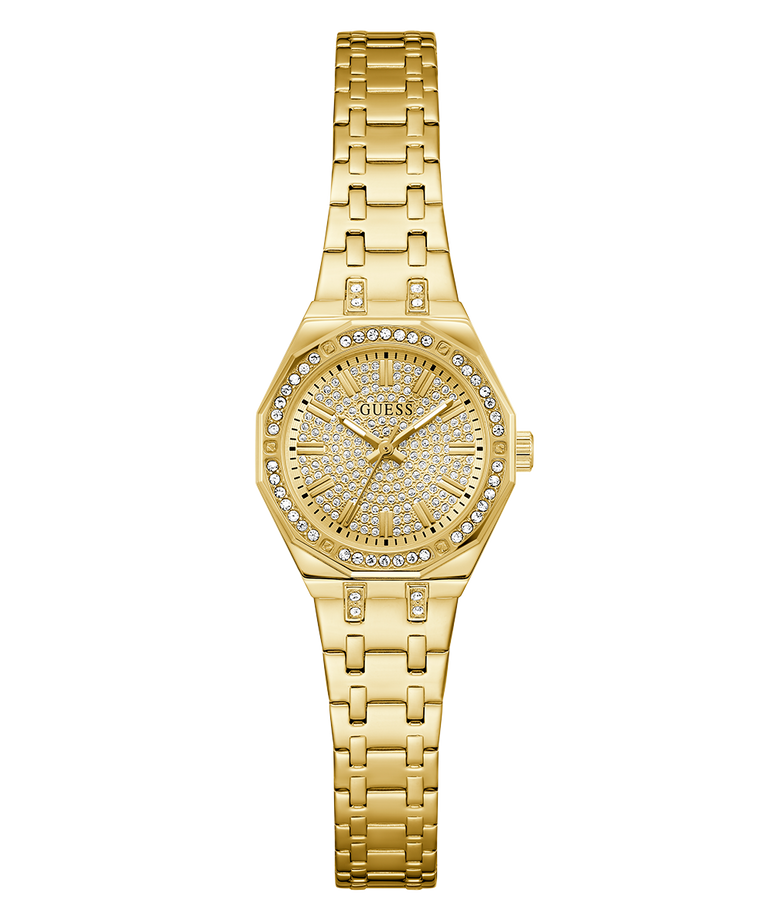 Gold GUESS Ladies Gold Tone Analog Watch with diamond-studded face on a white background