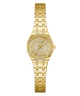 Gold GUESS Ladies Gold Tone Analog Watch with diamond-studded face on a white background