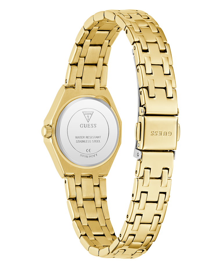 Gold GUESS Ladies Gold Tone Analog Watch caseback with a white face on a white background