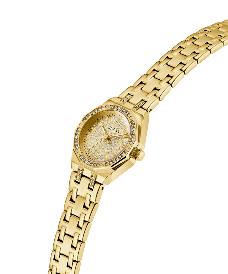 Gold GUESS Ladies Gold Tone Analog Watch with diamond-studded face on a white background lifestyle