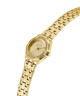 Gold GUESS Ladies Gold Tone Analog Watch with diamond-studded face on a white background lifestyle