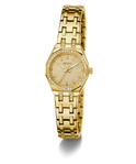 Gold watch with diamond-studded face on a white background