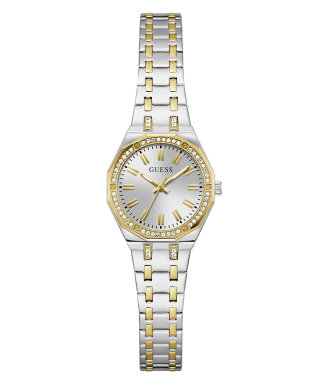 Two-tone GUESS Ladies Pixie 2-Tone Analog Watch with silver and gold bracelet on a white background