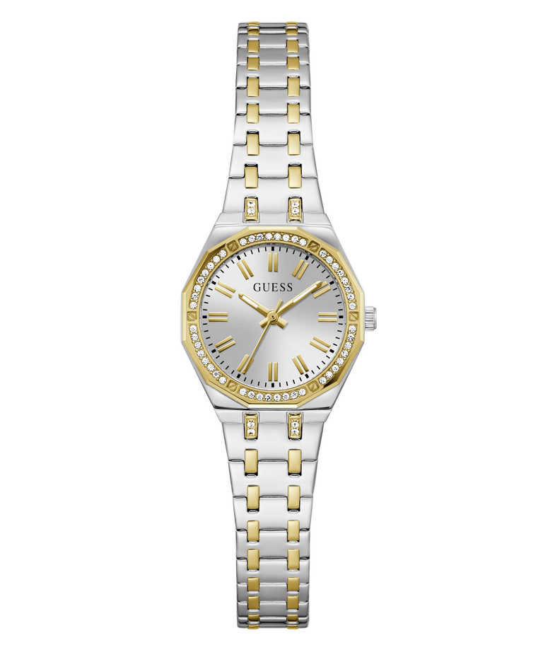 Two-tone GUESS Ladies Pixie 2-Tone Analog Watch with silver and gold bracelet on a white background