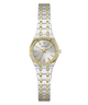 Two-tone GUESS Ladies Pixie 2-Tone Analog Watch with silver and gold bracelet on a white background