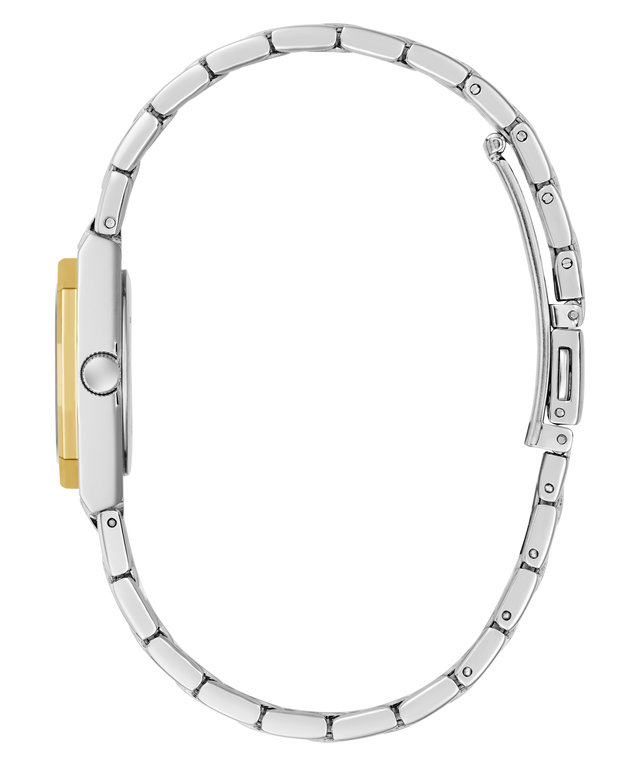 Close-up of a silver GUESS Ladies Pixie 2-Tone Analog Watch band with gold accents on a white background