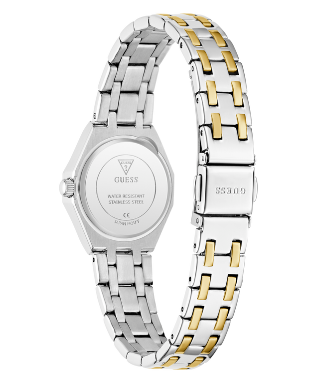 GUESS Ladies Pixie 2-Tone Analog Watch with silver and gold metal bands on a white background
