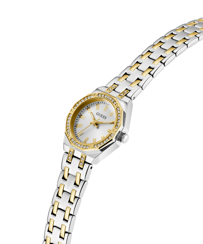 Gold GUESS Ladies Pixie 2-Tone Analog Watch with a white face on a white background lifestyle