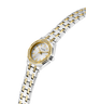 Gold GUESS Ladies Pixie 2-Tone Analog Watch with a white face on a white background lifestyle