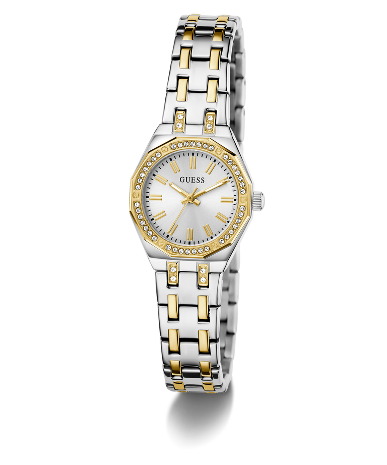 Two-tone GUESS Ladies Pixie 2-Tone Analog Watch with gold and silver band on a white background