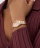 GUESS Ladies Rose Gold Tone Analog Watch GW0931L4 on wrist
