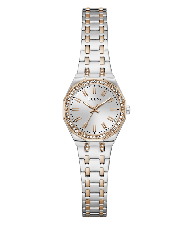 Two-tone watch with silver and rose gold band on a white background