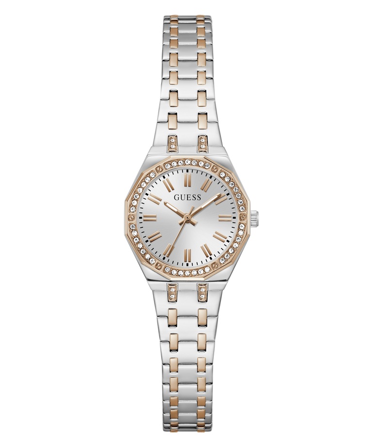 Two-tone watch with silver and rose gold band on a white background