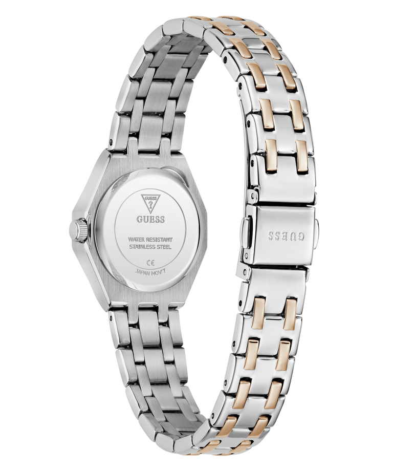 Two-tone silver and rose gold watch with visible brand logo on a white background