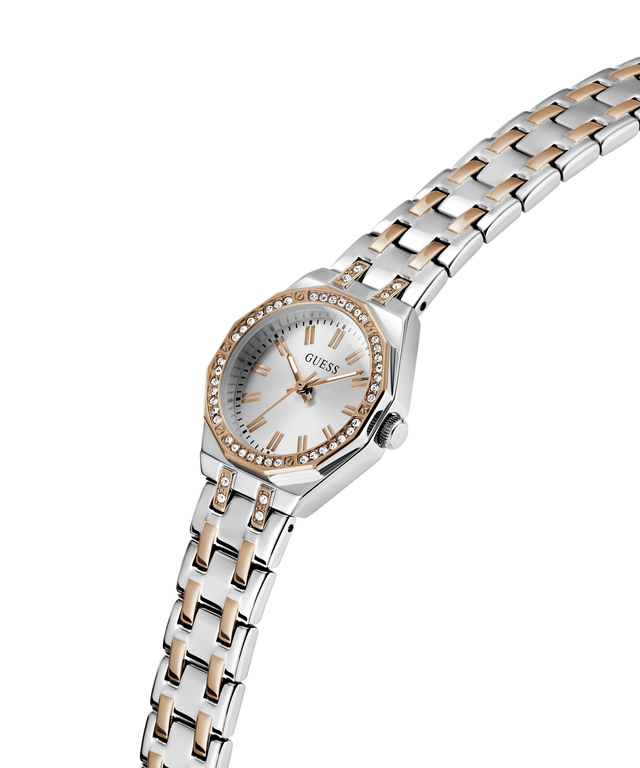 Two-tone watch with silver and rose gold band on a white background lifestyle