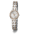 Silver and rose gold watch with gemstone accents on a white background