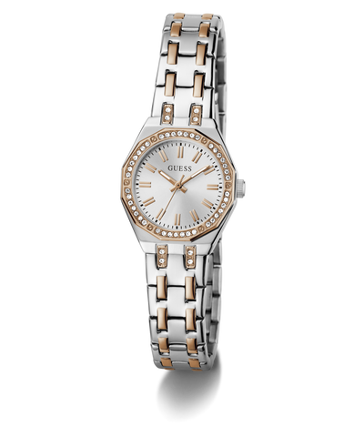 Silver and rose gold watch with gemstone accents on a white background