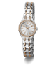 Silver and rose gold watch with gemstone accents on a white background