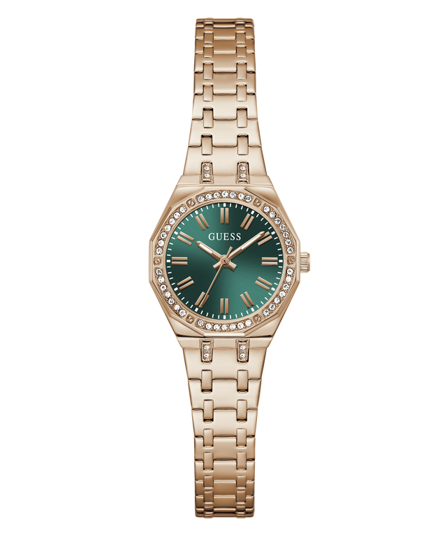 Rose Gold watch with a green dial on a white background