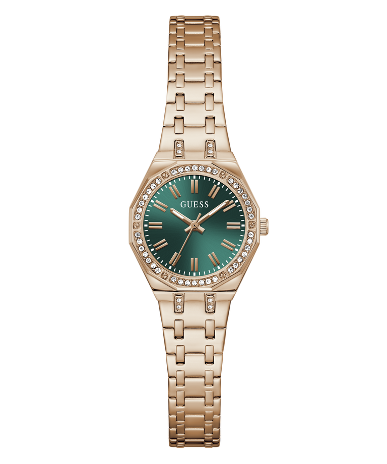 Rose Gold watch with a green dial on a white background