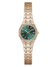 Rose Gold watch with a green dial on a white background