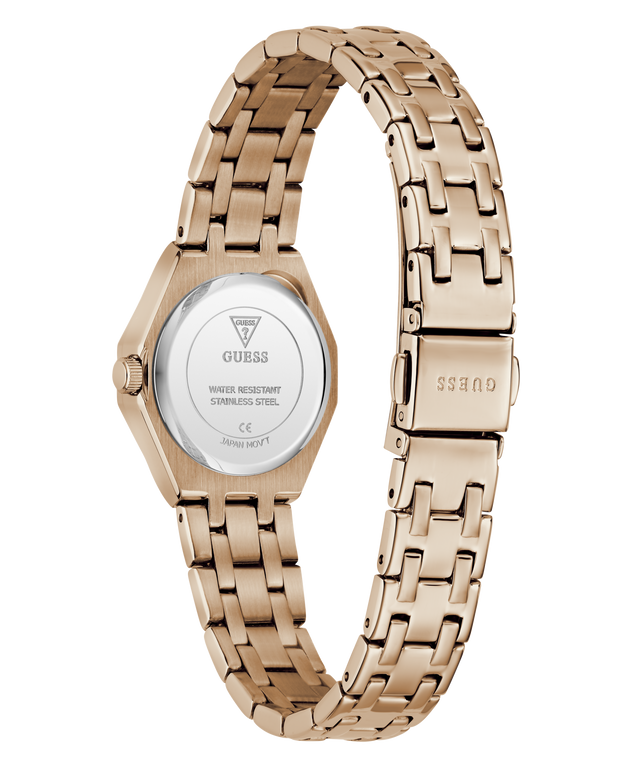 Rose gold watch with metal band on a white background