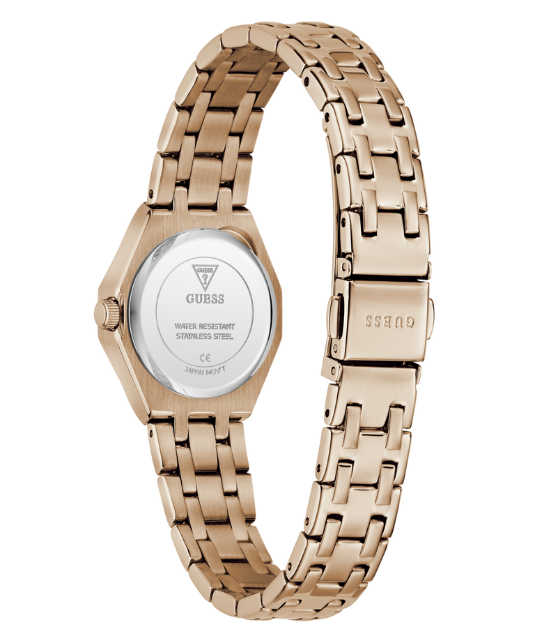 Rose gold watch with metal band on a white background