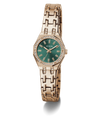 GUESS Ladies Rose Gold Tone Analog Watch with a green face on a white background