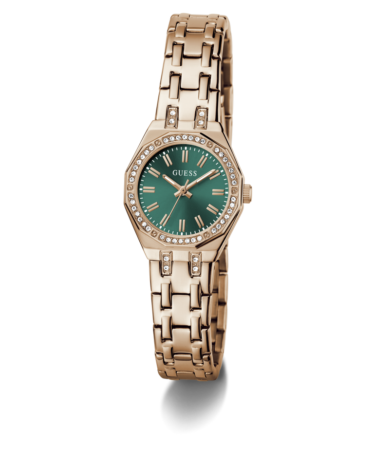 GUESS Ladies Rose Gold Tone Analog Watch with a green face on a white background