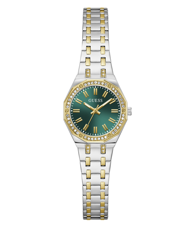 Two-tone watch with green dial and gold accents on a white background