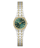 Two-tone watch with green dial and gold accents on a white background