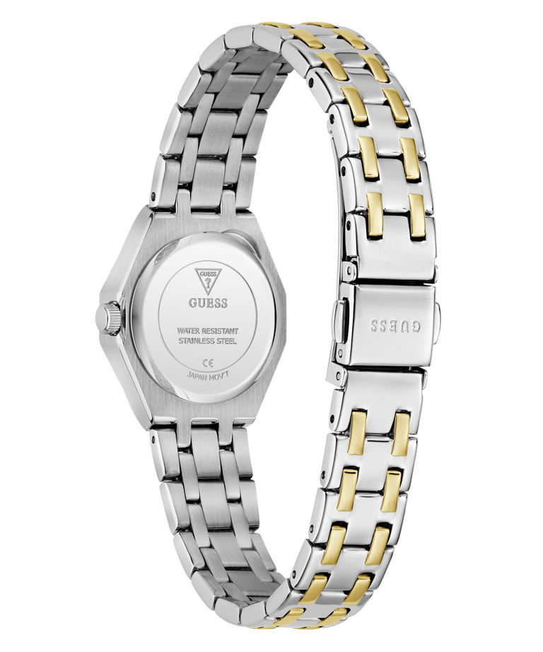 Two-tone silver and gold watch with visible brand logo on a white background