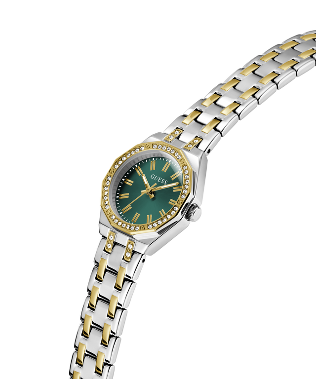 Two-tone watch with a green face on a white background lifestyle