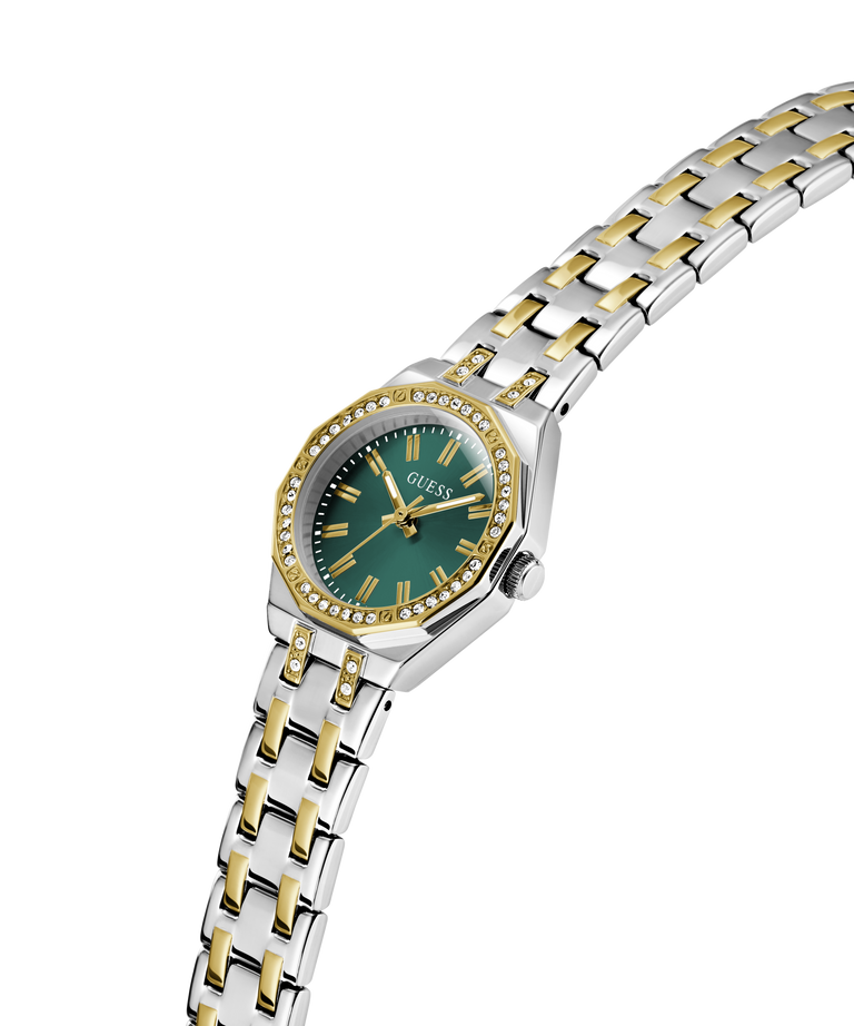 Two-tone watch with a green face on a white background lifestyle