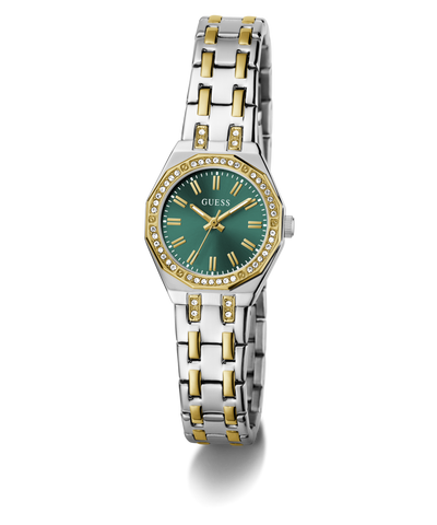 Two-tone watch with green dial on a white background