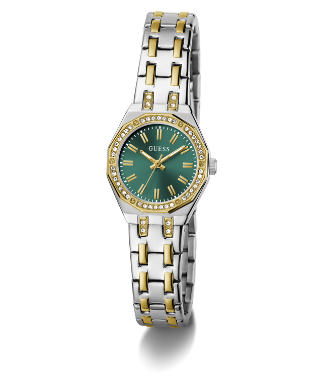 Two-tone watch with green dial on a white background