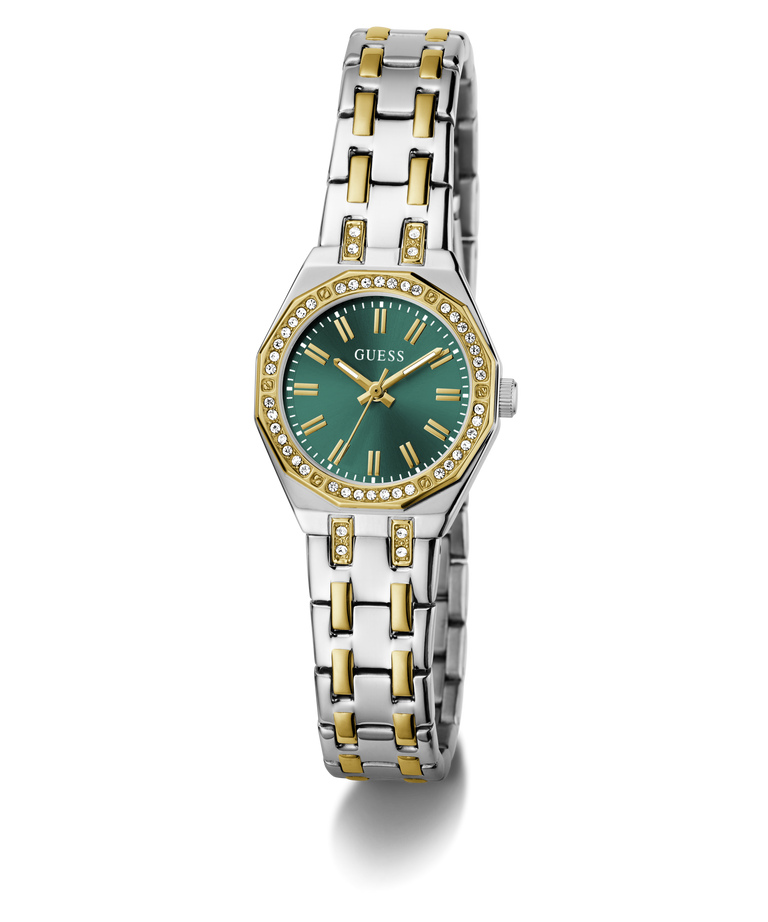 Two-tone watch with green dial on a white background