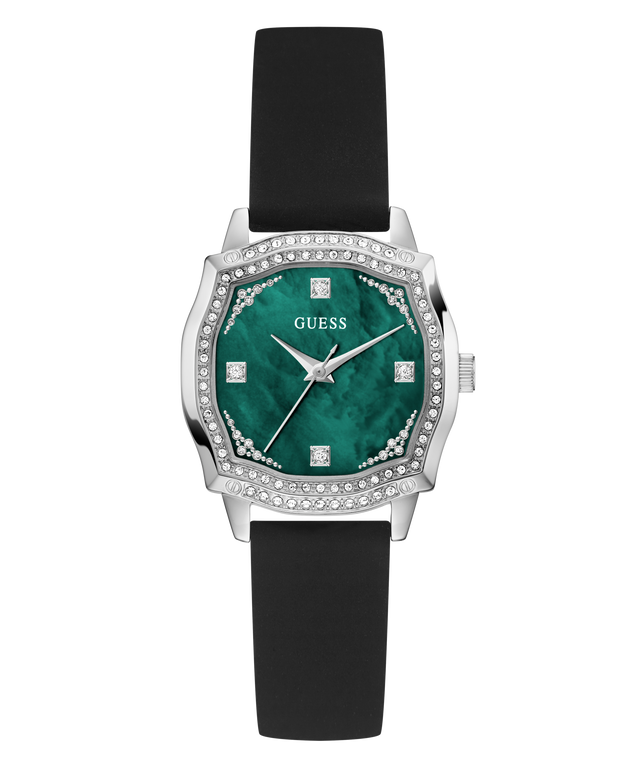 GUESS Ladies Black Silver Tone Analog Watch with green face, black strap, and silver case on white background