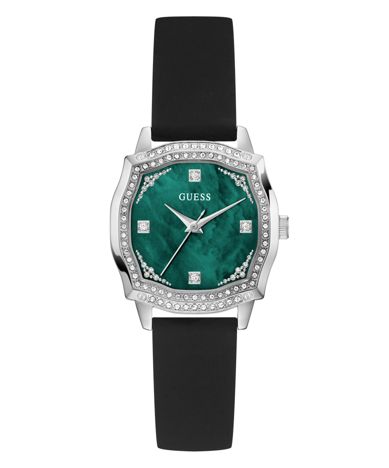 GUESS Ladies Black Silver Tone Analog Watch with green face, black strap, and silver case on white background