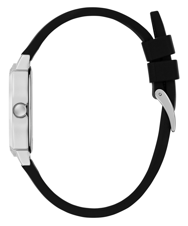 GUESS Ladies Black Silver Tone Analog Watch strap with silver clasp on a white background